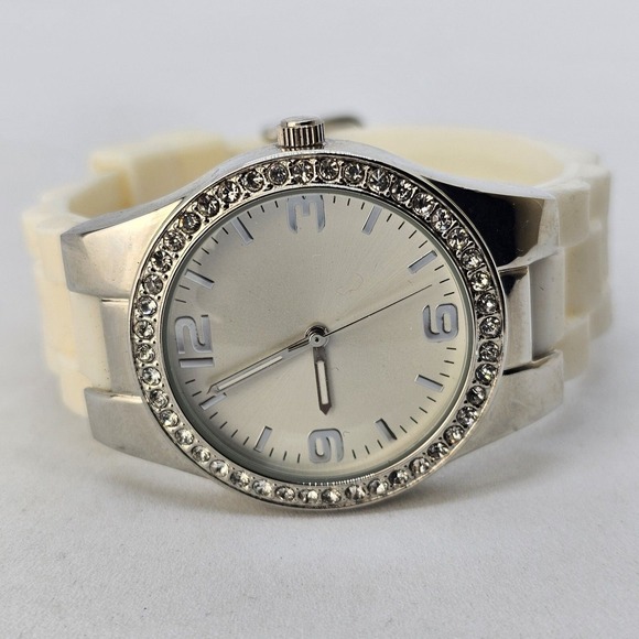 Accessories - Women's Watch 36MM Gray Dial Crystal Bezel White Plastic Bands New Battery